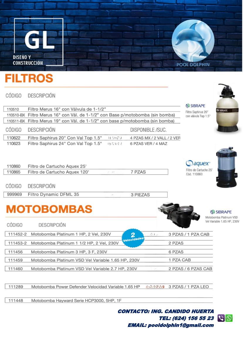 Catálogo página 29: filtros y motobombas disponibles